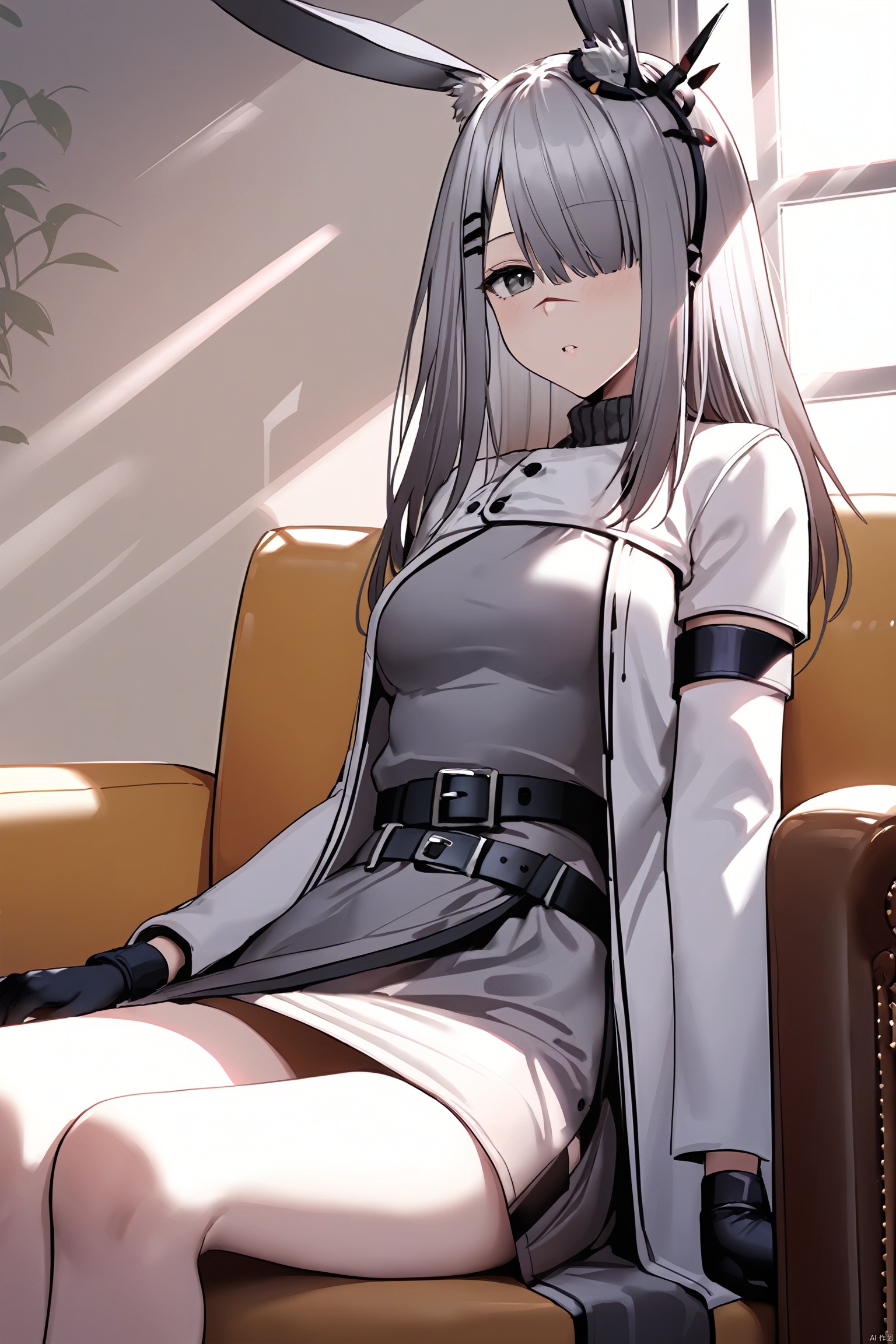  (masterpiece), (best quality), 1girl, rabbit ears,hair ornament,hair clip,grey hair, long hair,grey eyes, hair over one eye,scar on nose,white coat,open clothes,grey dress,belt,black gloves,arm band,long sleeves,medium_breasts,sitting,indoors,sofa,windos,sunlight, frostnova