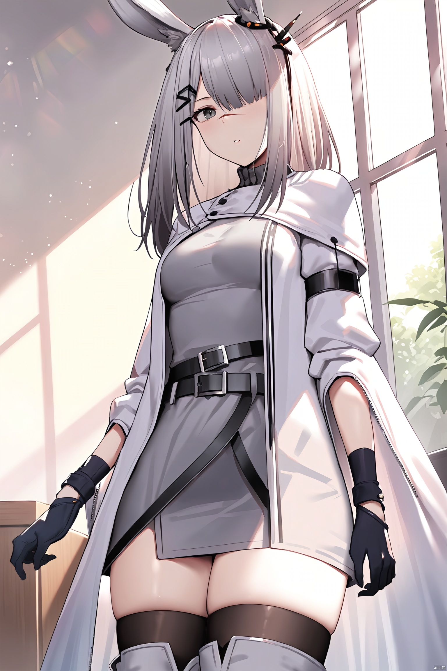  (masterpiece), (best quality), 1girl, rabbit ears,hair ornament,hair clip,grey hair, long hair,grey eyes, hair over one eye,scar on nose,white coat,open clothes,grey dress,belt,black gloves,arm band,long sleeves,medium_breasts,indoors,windos,sunlight, frostnova, (standing:1.2),thighhighs,thigh_boots,