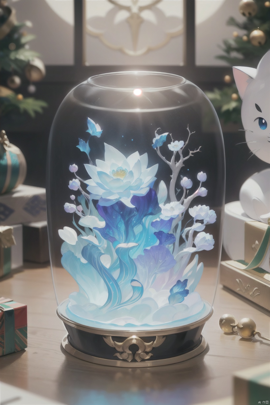  (La best quality,high resolution,super detailed,actual),Lotus flower formed from jelly,in the room,Christmas decoration,surrounded by christmas gifts,A masterpiece full of fantasy elements）））, （（best quality））, （（intricatedetails））（8k）,果冻形成的猫