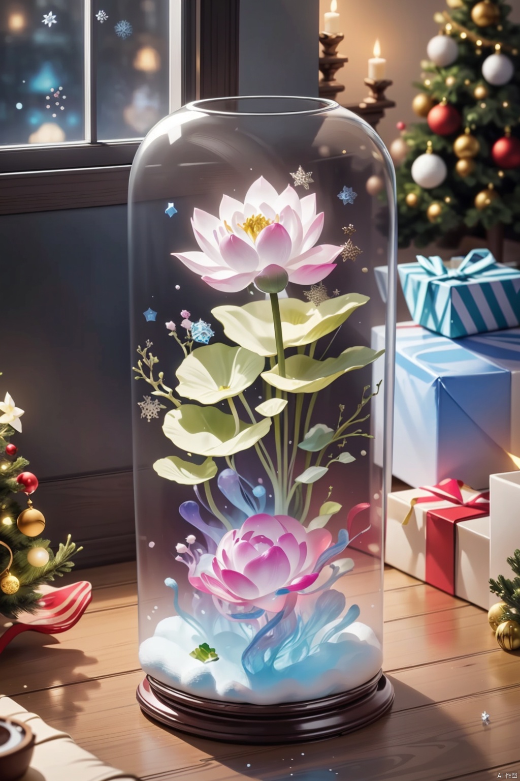 (La best quality,high resolution,super detailed,actual),Lotus flower formed from jelly,in the room,Christmas decoration,surrounded by christmas gifts,A masterpiece full of fantasy elements）））, （（best quality））, （（intricate details））（8k）,果冻形成的猫