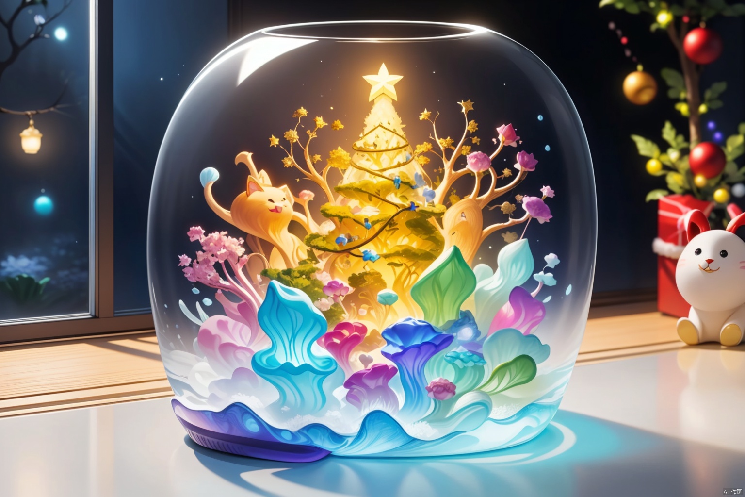 (La best quality,high resolution,super detailed,actual),Lotus flower formed from jelly,in the room,Christmas decoration,surrounded by christmas gifts,A masterpiece full of fantasy elements）））, （（best quality））, （（intricate details））（8k）,果冻形成的猫