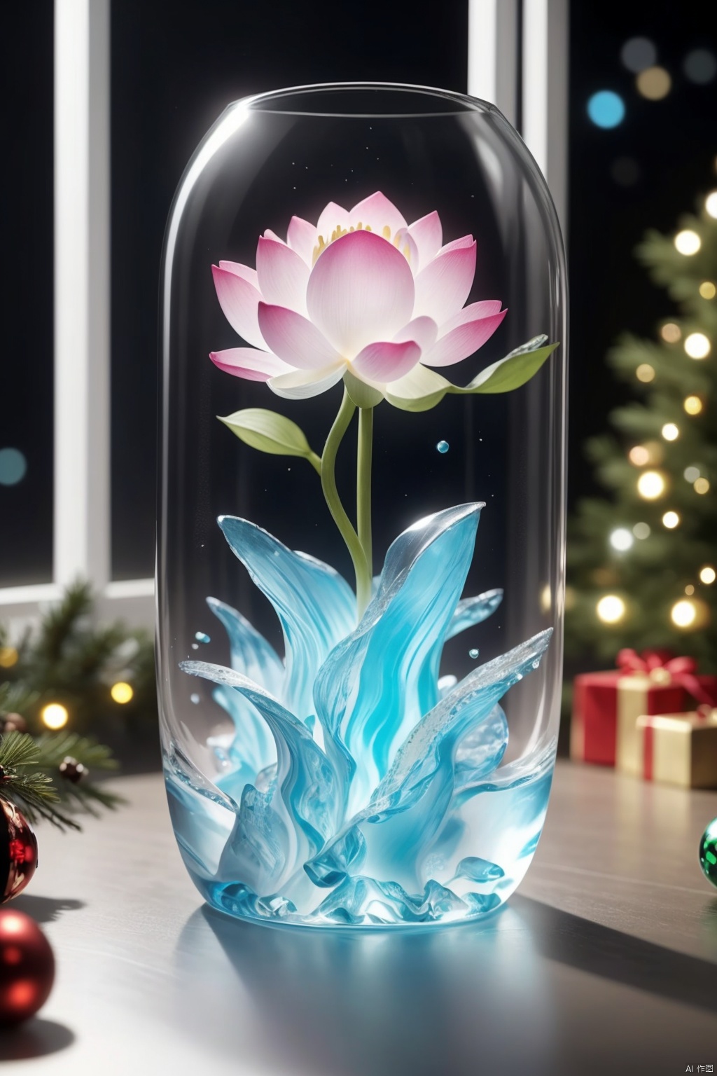  (La best quality,high resolution,super detailed,actual),Lotus flower formed from jelly,in the room,Christmas decoration,surrounded by christmas gifts,A masterpiece full of fantasy elements）））, （（best quality））, （（intricatedetails））（8k）,果冻形成的猫