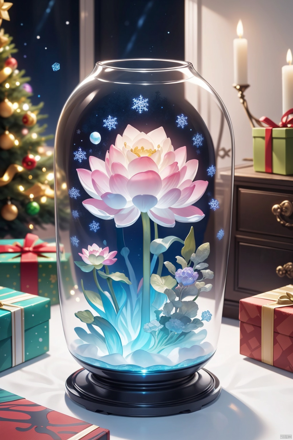 (La best quality,high resolution,super detailed,actual),Lotus flower formed from jelly,in the room,Christmas decoration,surrounded by christmas gifts,A masterpiece full of fantasy elements）））, （（best quality））, （（intricate details））（8k）