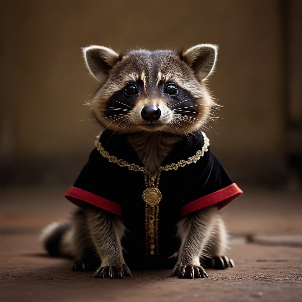 A cinematic shot of a baby raccoon wearing an intricate italian by Amigos on Tensor.Art