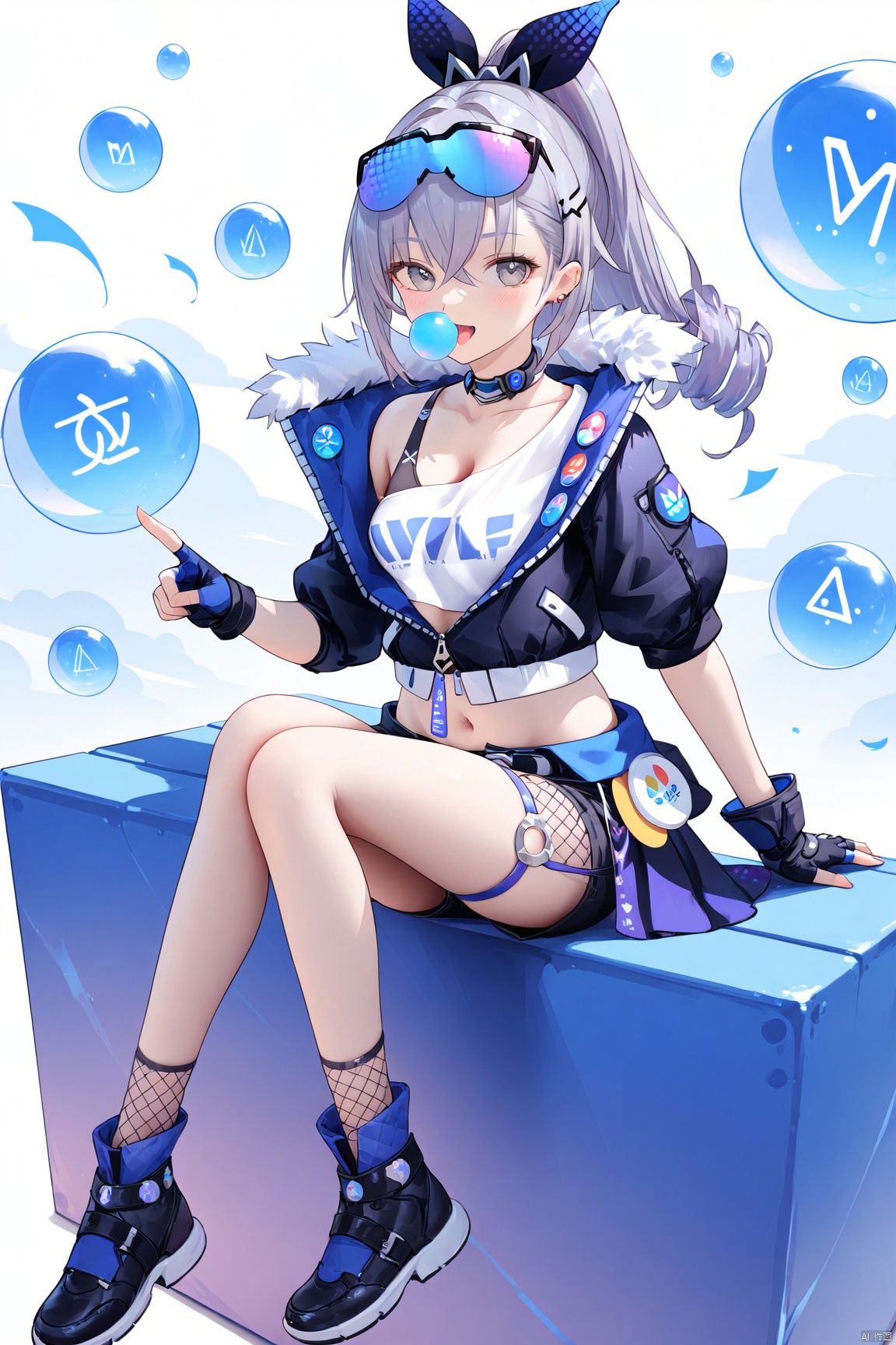  1girl,(masterpiece:1.3),( beautiful:1.2),(high quality:1.2),(finely detailed:1.2),extremely detailed CG unity 8k wallpaper,best quality,a very delicate and beautiful, (one cute girl at the center:1.2), smile,

momoiMaid, momoiBA,
1girl, solo, looking at viewer, blush, smile, open mouth, sliverwolfSR,bangs,shirt,hair ornament,gloves,cleavage,hair between eyes,jacket,white shirt,ponytail,grey hair,boots,shoes,shorts,choker,black gloves,socks,fingerless gloves,black footwear,black jacket,grey eyes,thigh strap,drill hair,black shorts,sunglasses,fishnets,eyewear on head,bronya zaychik,bubble blowing,chewing gum,navel,fur trim, sliverwolfSR,sitting,from_side,