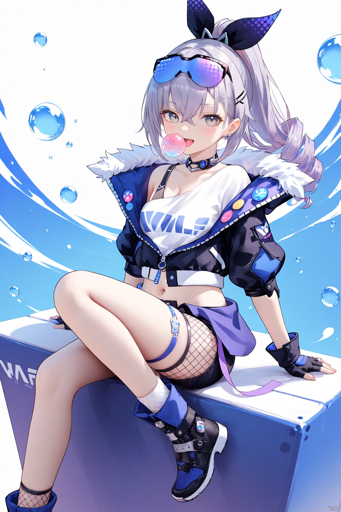  1girl,(masterpiece:1.3),( beautiful:1.2),(high quality:1.2),(finely detailed:1.2),extremely detailed CG unity 8k wallpaper,best quality,a very delicate and beautiful, (one cute girl at the center:1.2), smile,

momoiMaid, momoiBA,
1girl, solo, looking at viewer, blush, smile, open mouth, sliverwolfSR,bangs,shirt,hair ornament,gloves,cleavage,hair between eyes,jacket,white shirt,ponytail,grey hair,boots,shoes,shorts,choker,black gloves,socks,fingerless gloves,black footwear,black jacket,grey eyes,thigh strap,drill hair,black shorts,sunglasses,fishnets,eyewear on head,bronya zaychik,bubble blowing,chewing gum,navel,fur trim, sliverwolfSR,sitting,from_side,