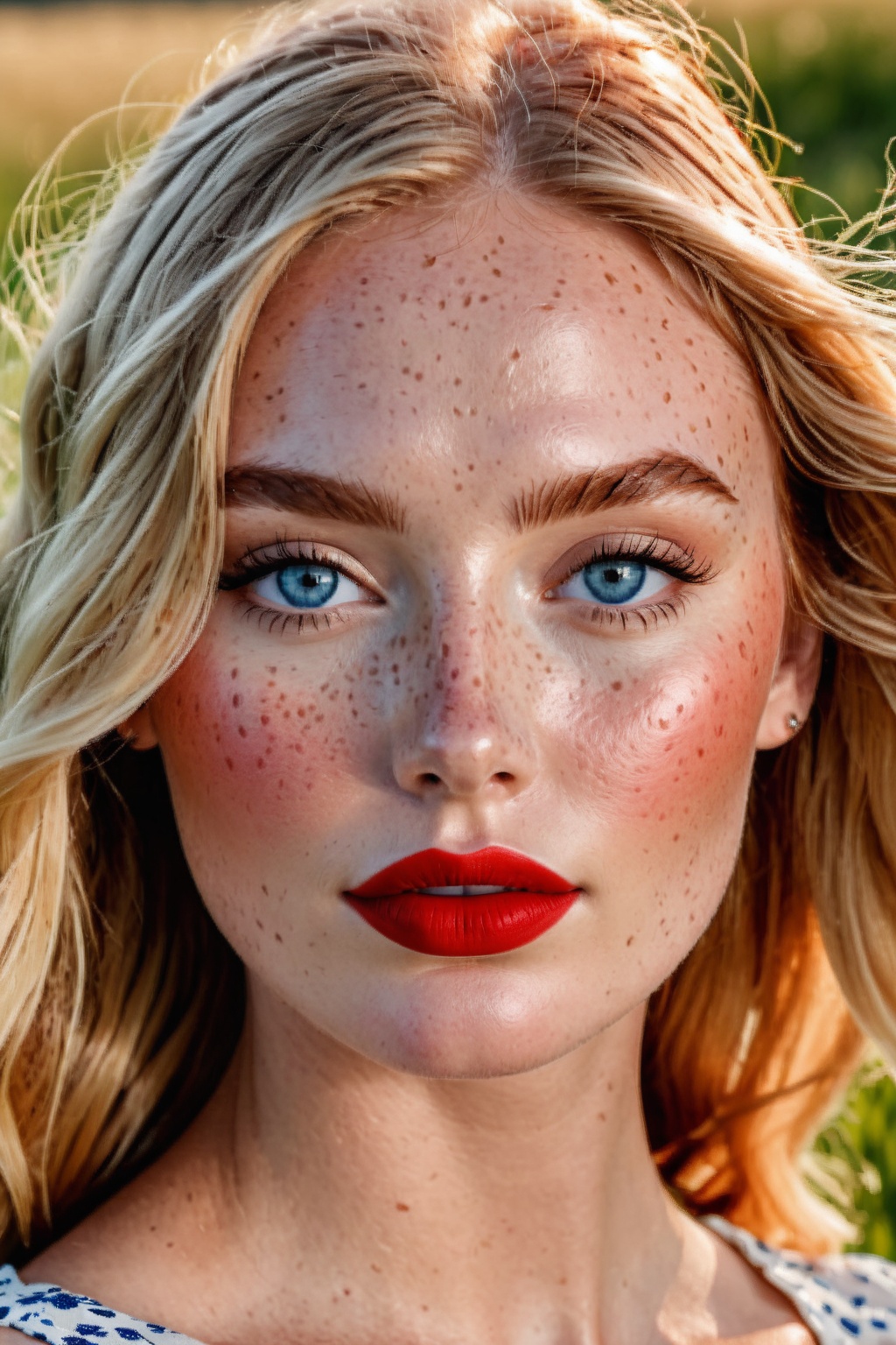 wide Open shot of a Gorgeous woman with freckles on her face,  modeling at a grass field,  detailed face with red lips on...