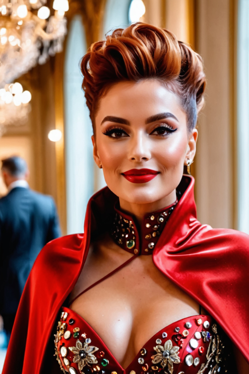 potrait of a gorgeous model posing for Metgala,  wearing a bodysuit made of thousands of rubi stones,  wearing a very very...