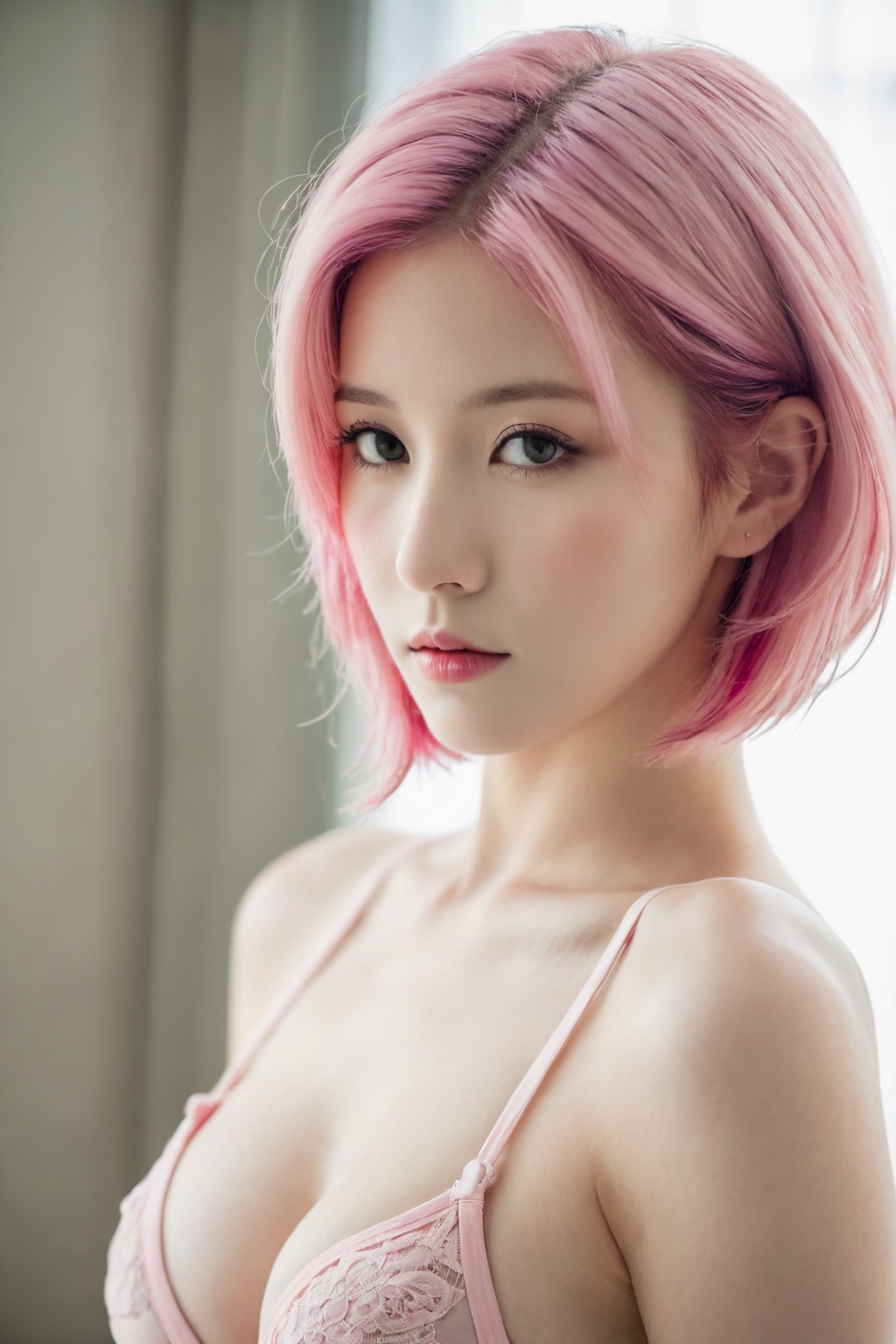 A picture of a young woman with pink hair,  nice breats,  wear bra and short facing away from the viewer on Tensor.Art