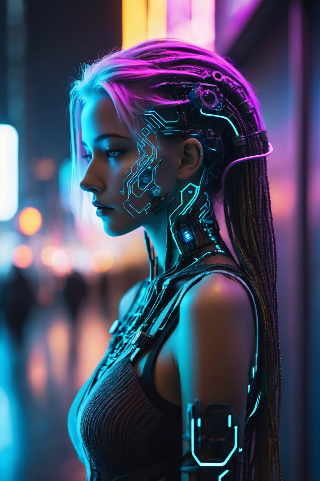 Close-up,  cinematic portrait of a cyberpunk girl whose upper body is framed against the backdrop of a neon-lit,  nocturna...