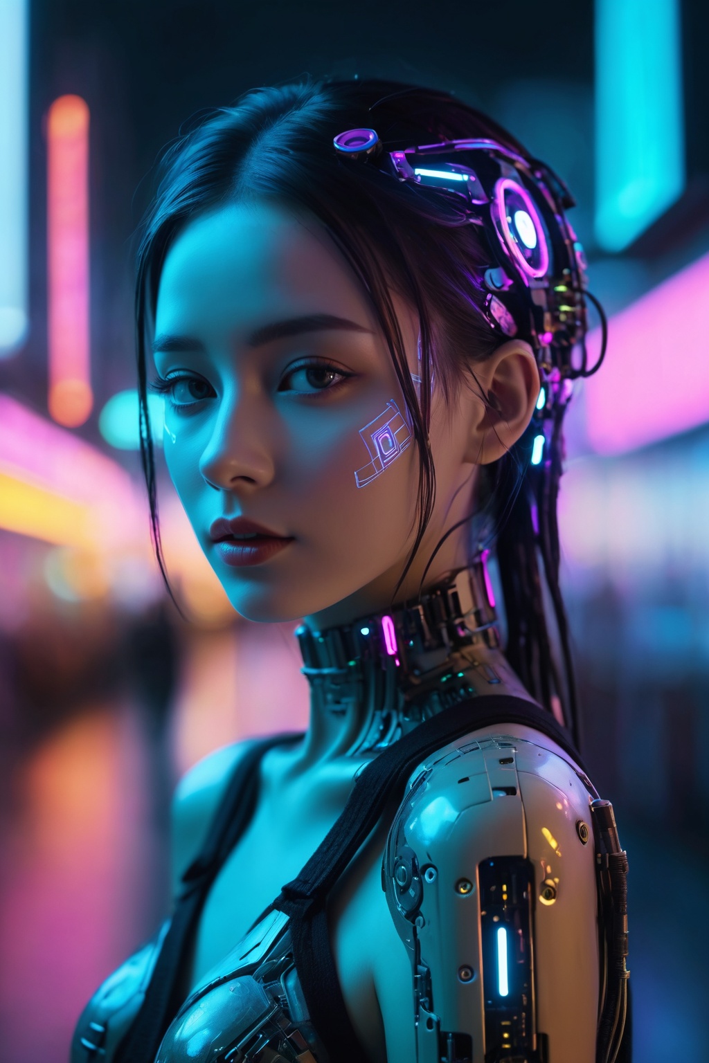 Close-up,  cinematic portrait of a cyberpunk girl whose upper body is framed against the backdrop of a neon-lit,  nocturna...