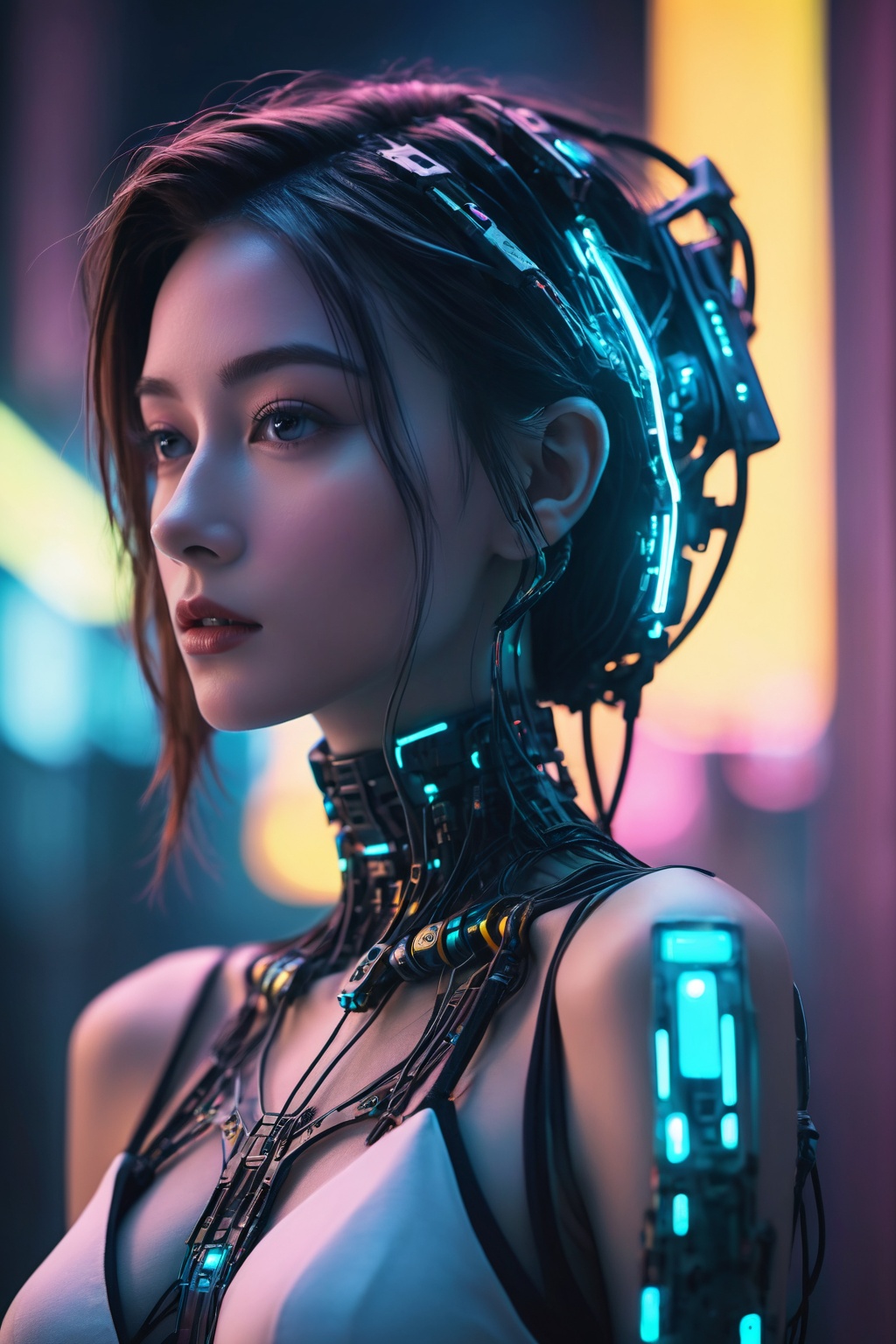 Close-up,  cinematic portrait of a cyberpunk girl whose upper body is framed against the backdrop of a neon-lit,  nocturna...