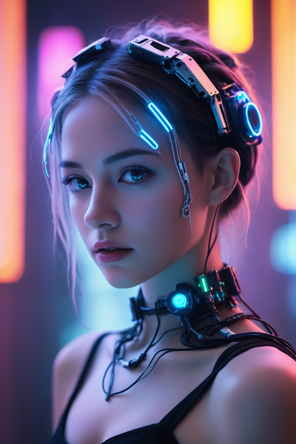 Close-up,  cinematic portrait of a cyberpunk girl whose upper body is framed against the backdrop of a neon-lit,  nocturna...
