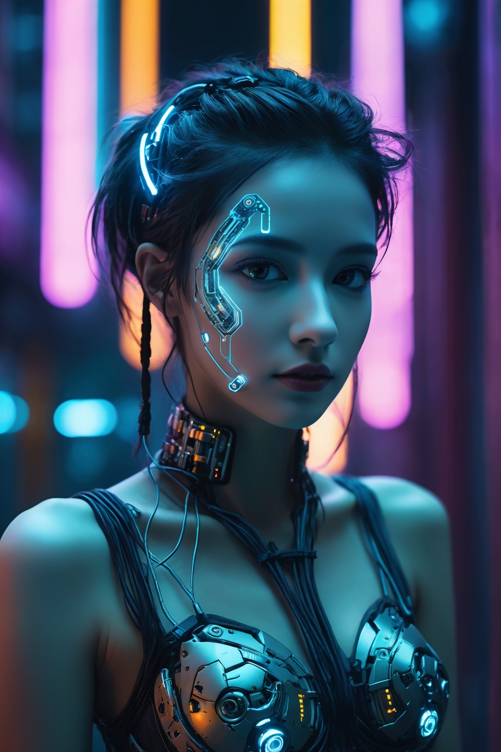 Close-up,  cinematic portrait of a cyberpunk girl whose upper body is framed against the backdrop of a neon-lit,  nocturna...