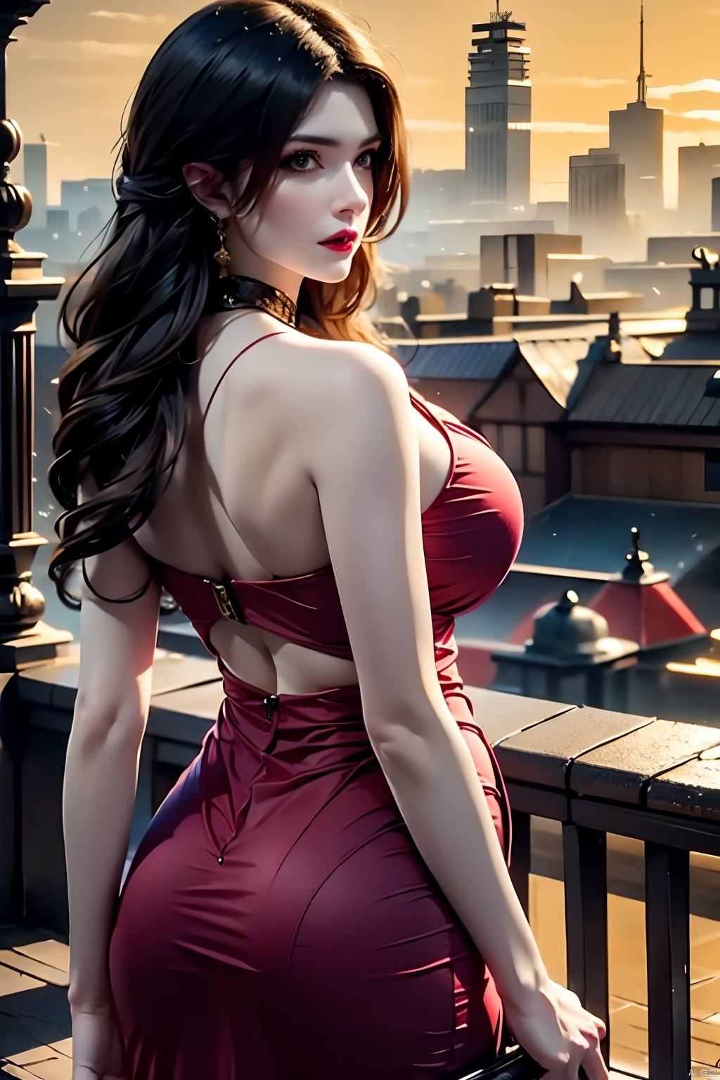  masterpiece,best quality,extremely high detailed,intricate,8k,HDR,wallpaper,cinematic lighting,(universe:1.4),Huge chest, cleavage,1girl, solo, long hair, shirt, black hair, outdoors, sky, cloud, bag, see-through, scenery, sunset, handbag, city, railing, cityscape,Back Shadow , by, ((poakl))