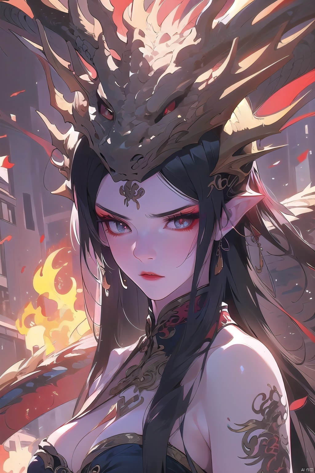  (tmasterpiece), (best quality), film quality, rendered by Octane, super-detailed details, fire magic,  (fire:1.5), flame, flowing fire, hunger, watching the audience, (China ancient Hanfu: 1.2), (holding a long sword: 1.2), (There is a China fire dragon behind it: 1.3),fire dragon, a girl