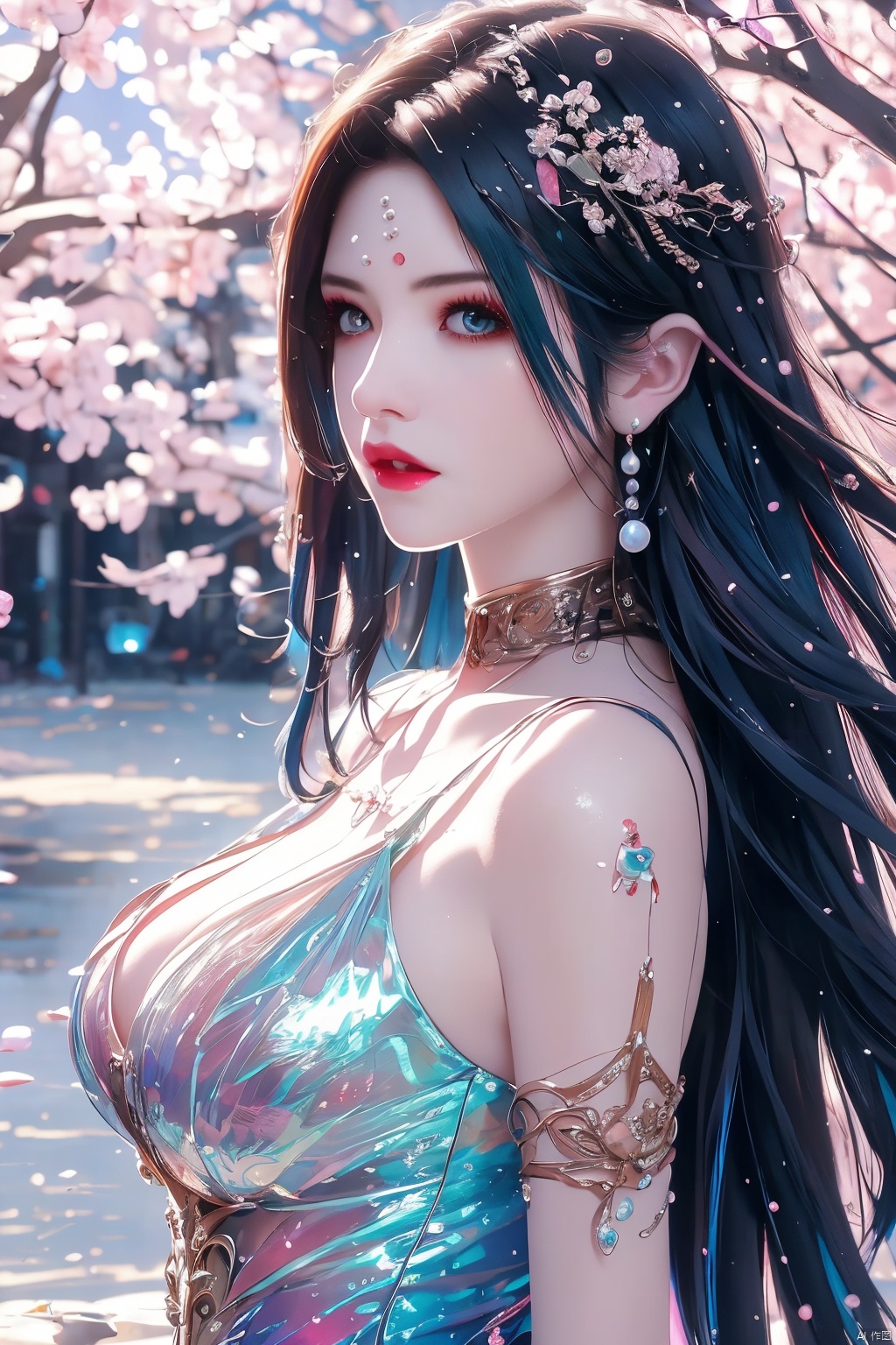  (masterpiece), (best quality), (ultra-detailed), (illustration), mixed-blood, stars in the eyes, cherry blossoms, messy floating hair, big boobs,crystal earrings, colored inner hair, Starry sky adorns hair, (colorful Bubble), (pearl), (Galaxy), depth of field, upper body, lace-trimmed dress, hologram girl, a girl