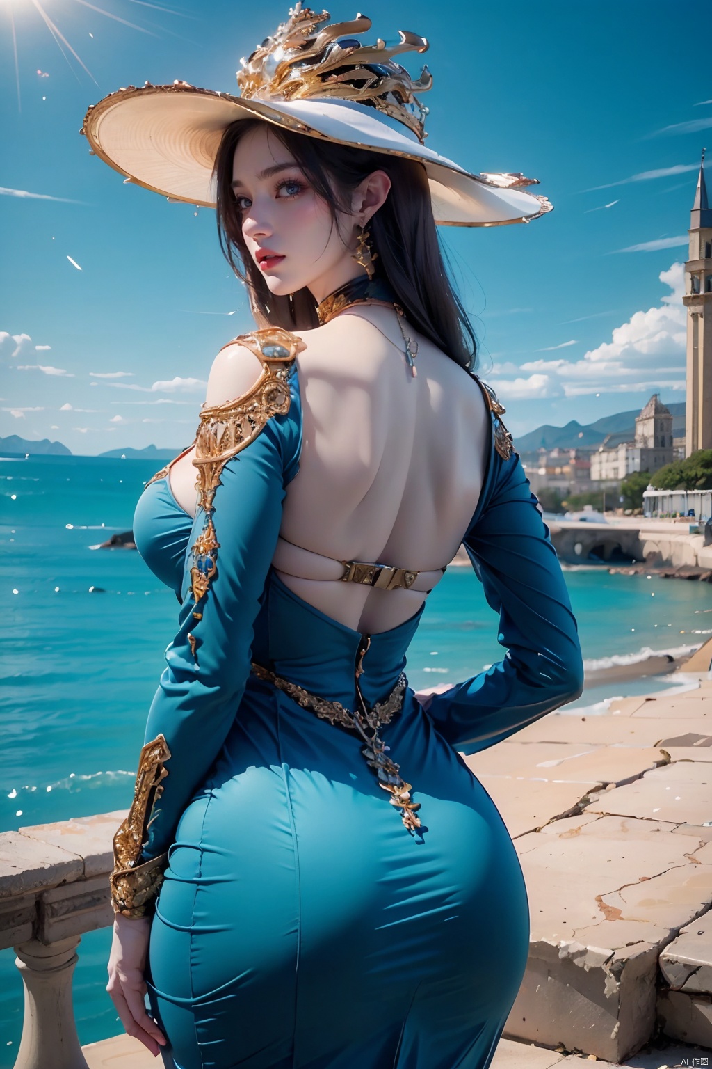  masterpiece,best quality,extremely high detailed,intricate,8k,HDR,wallpaper,cinematic lighting,(universe:1.4),Huge chest, cleavage,Back Shadow , Gold and Sapphire Crown, castle,1girl, solo, long hair,looking at viewer, blue eyes, long sleeves, hat, dress, cleavage, jewelry, purple hair, earrings, outdoors, parted lips, sky, day, cloud, water, necklace, blue sky, ocean,  sun hat
