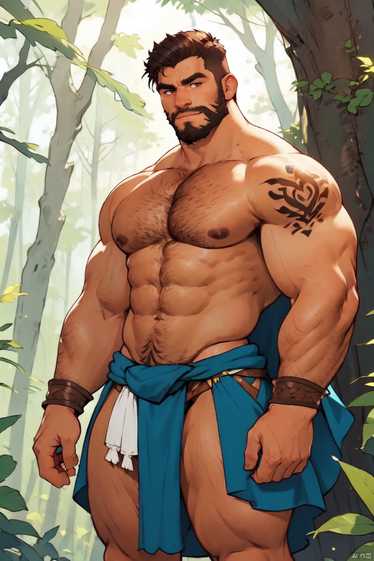 solo, male focus,1boy,musclar male,beard,facial hair,short hair,bara,topless,spred legs,cowboy shot,handsome face,(loincloth),browband,tatto on the face,wolfears,furry,(werewolf:1),charming,forest,many trees,plants,