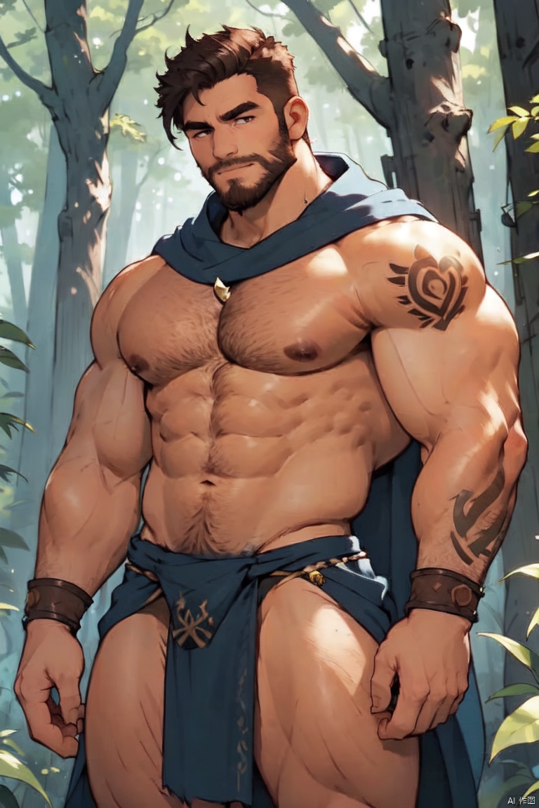 solo, male focus,1boy,musclar male,beard,facial hair,short hair,bara,topless,spred legs,cowboy shot,handsome face,(loincloth),browband,tatto on the face,(werewolf:1),charming,forest,many trees,plants,