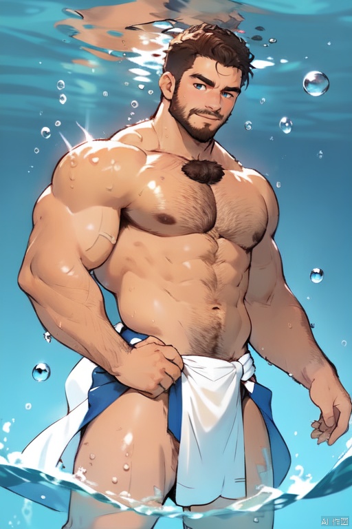  solo, male focus,1boy,musclar male,beard,facial hair,short hair,bara,topless,spred legs,cowboy shot,in the water,handsome face,(loincloth),charming,(swimming),sparkling background,Various sea fish,seabed,under the water,rainbow bubbles,