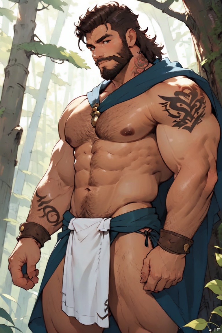 solo, male focus,1boy,musclar male,beard,facial hair,short hair,bara,topless,spred legs,cowboy shot,handsome face,(loincloth),browband,tatto on the face,charming,forest,many trees,plants,(1 wolf around him),wild man,