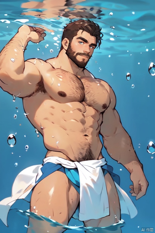  solo, male focus,1boy,musclar male,beard,facial hair,short hair,bara,topless,spred legs,cowboy shot,in the water,handsome face,(loincloth),charming,(swimming),sparkling background,Various sea fish,seabed,under the water,rainbow bubbles,