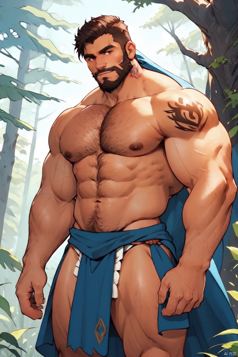 solo, male focus,1boy,musclar male,beard,facial hair,short hair,bara,topless,spred legs,cowboy shot,handsome face,(loincloth),browband,tatto on the face,wolfears,furry,(werewolf:1),charming,forest,many trees,plants,
