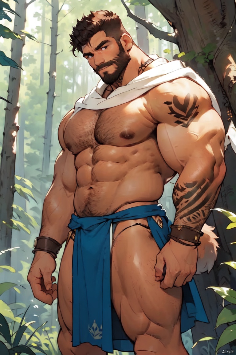 solo, male focus,1boy,musclar male,beard,facial hair,short hair,bara,topless,spred legs,cowboy shot,handsome face,(loincloth),browband,tatto on the face,charming,forest,many trees,plants,(1 wolf around him),wild man,muscular