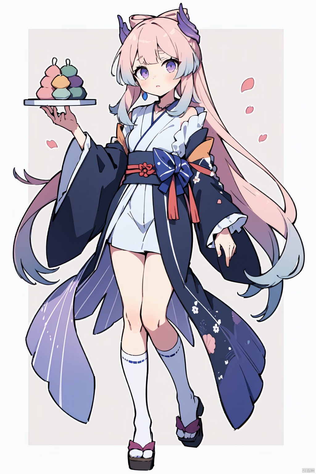  1girl, sangonomiya kokomi, wagashi, solo, beads, food, dango, japanese clothes, kimono, full body, holding, obi, jewelry, sanshoku dango, floral print, necklace, looking at viewer, wide sleeves, socks, sash,purple stripe socks,shoes,shell shaped handbag,simple background