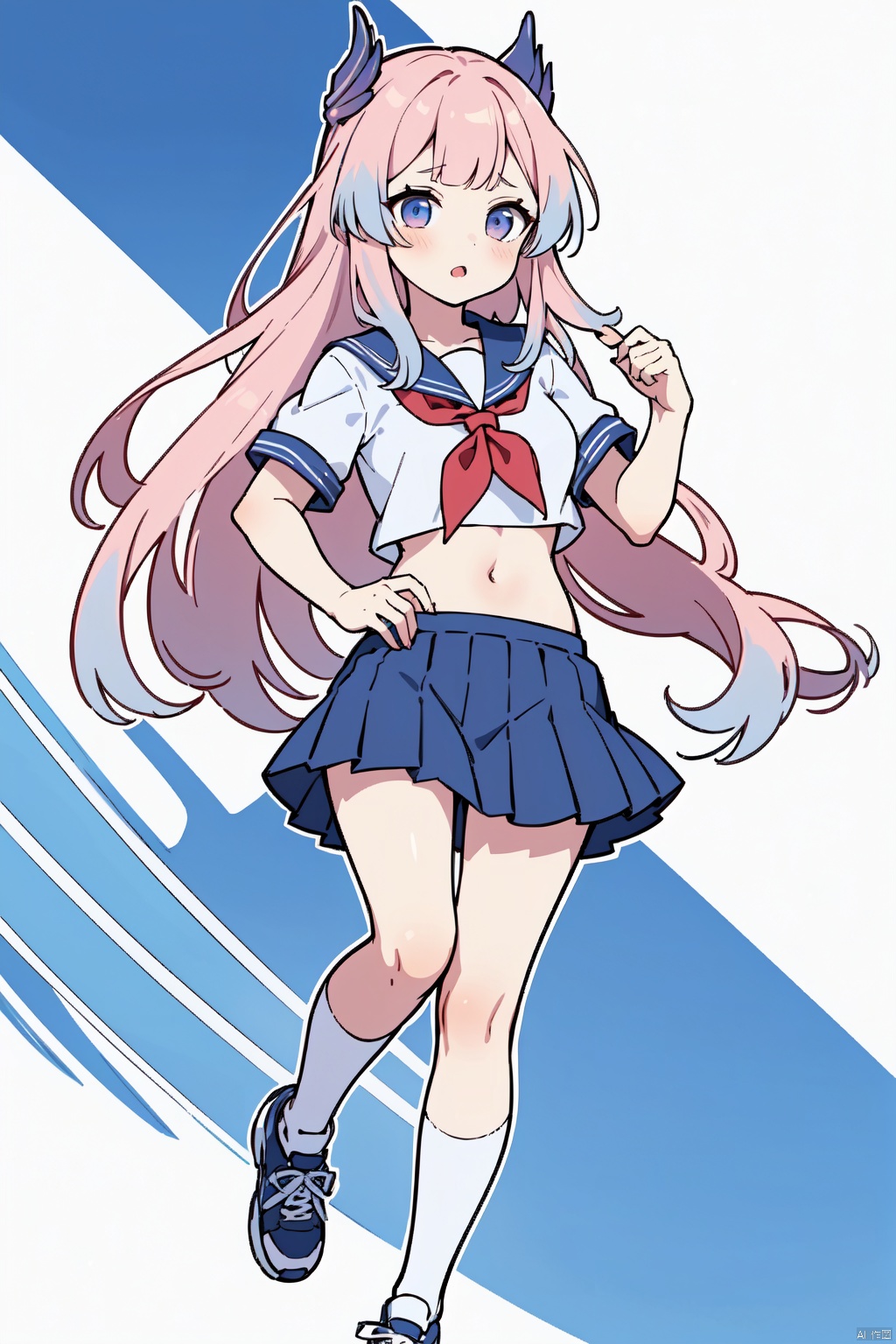 1girl, sangonomiya kokomi, solo, skirt, navel, school uniform, shoes, white socks, sneakers, midriff, pleated skirt, short sleeves, simple background, white background, serafuku, blue skirt, socks, full body, blue sailor collar, shirt, blue footwear, neckerchief, sailor collar, miniskirt, white shirt,holding bag, stomach, crop top, hand on hip,running