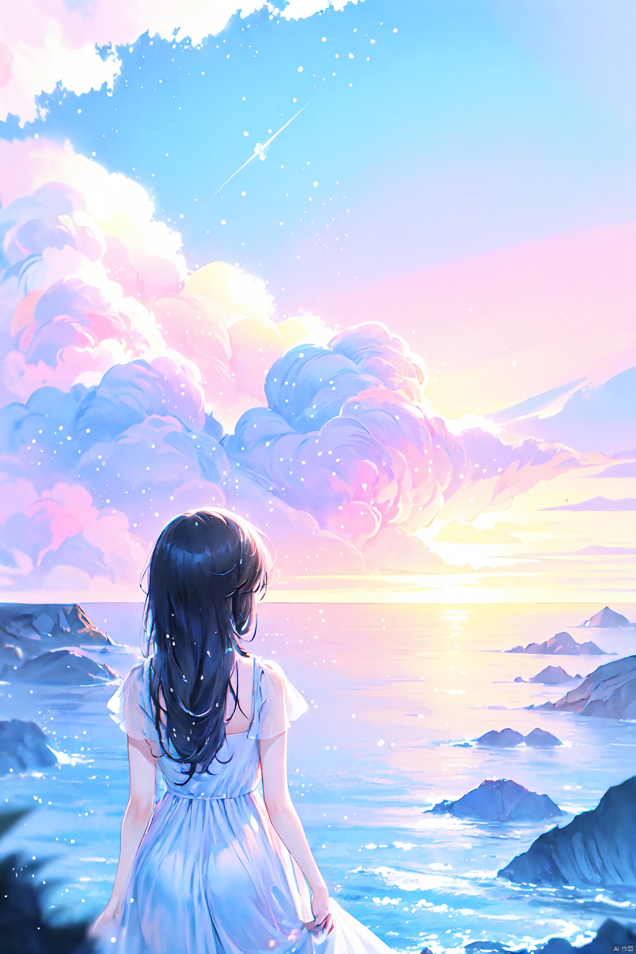  masterpiece,best quality, 1 girl, watercolor, cloud, solo, long hair, sky, scenery, star \(sky\), standing, cloudy sky, starry sky, dress, from behind, black hair, sparkle,