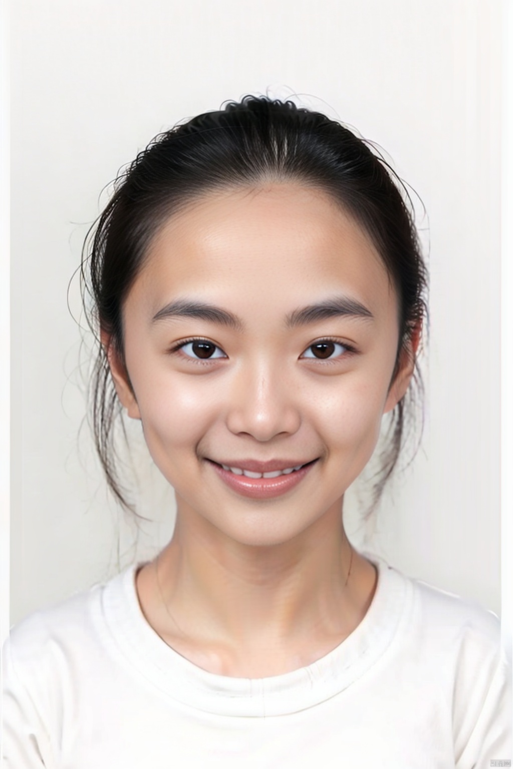 solo, looking at viewer, smile, simple background, black hair, 1boy, white background, brown eyes, male focus, teeth, portrait, forehead, realistic

, no makeup