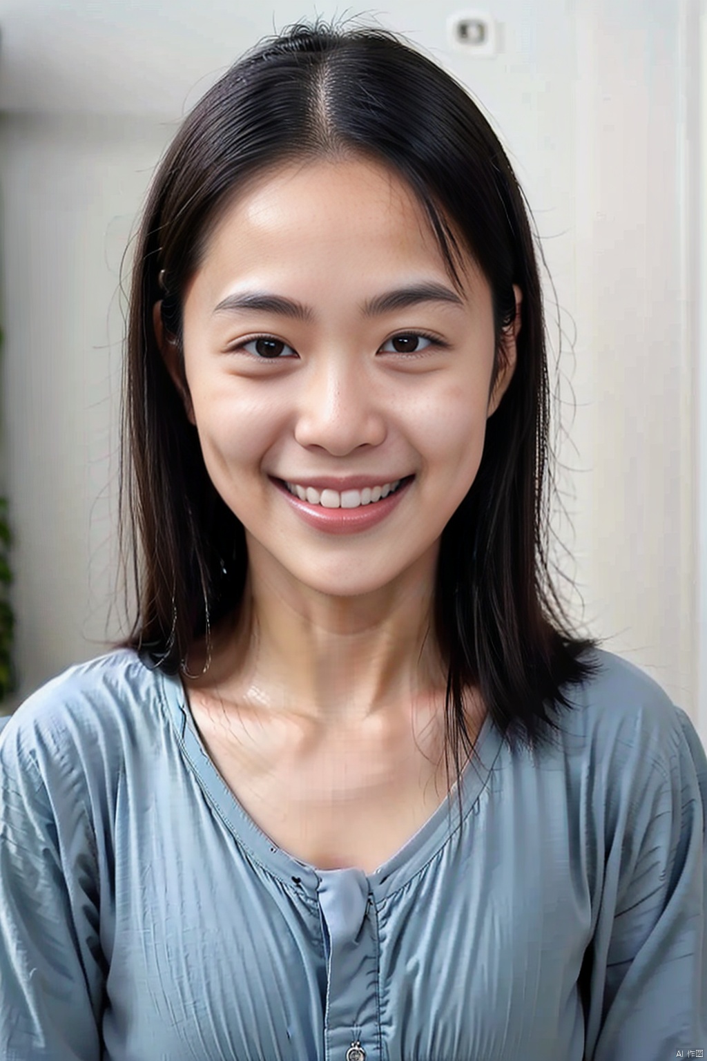 1girl, solo, looking at viewer, smile, open mouth, black hair, brown eyes, upper body, teeth, grin, black eyes, realistic, no makeup