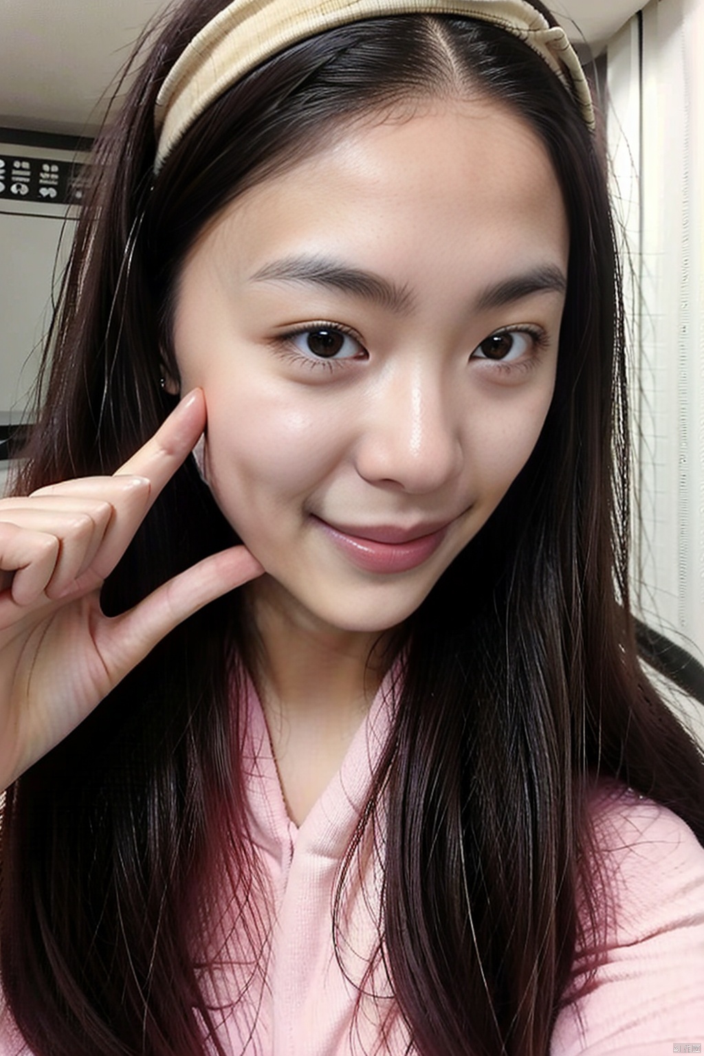 1girl, solo, long hair, looking at viewer, smile, black hair, brown eyes, hairband, lips, realistic

, no makeup