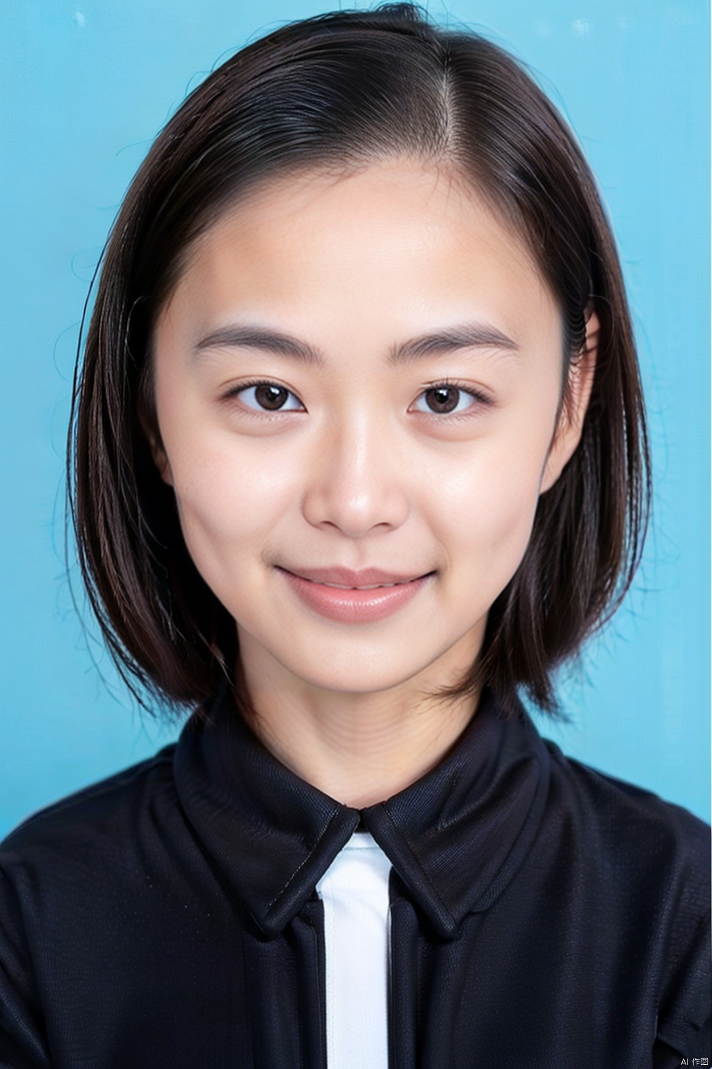 1girl, solo, looking at viewer, smile, short hair, simple background, brown hair, shirt, black hair, brown eyes, white shirt, parted lips, teeth, lips, blue background, portrait, forehead, realistic, checkered clothes
, no makeup