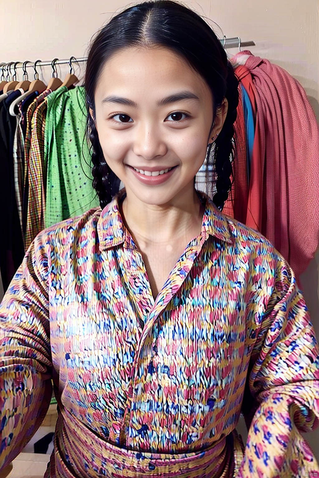 1girl, solo, looking at viewer, smile, black hair, brown eyes, upper body, braid, grin, twin braids, hair rings, realistic

, no makeup