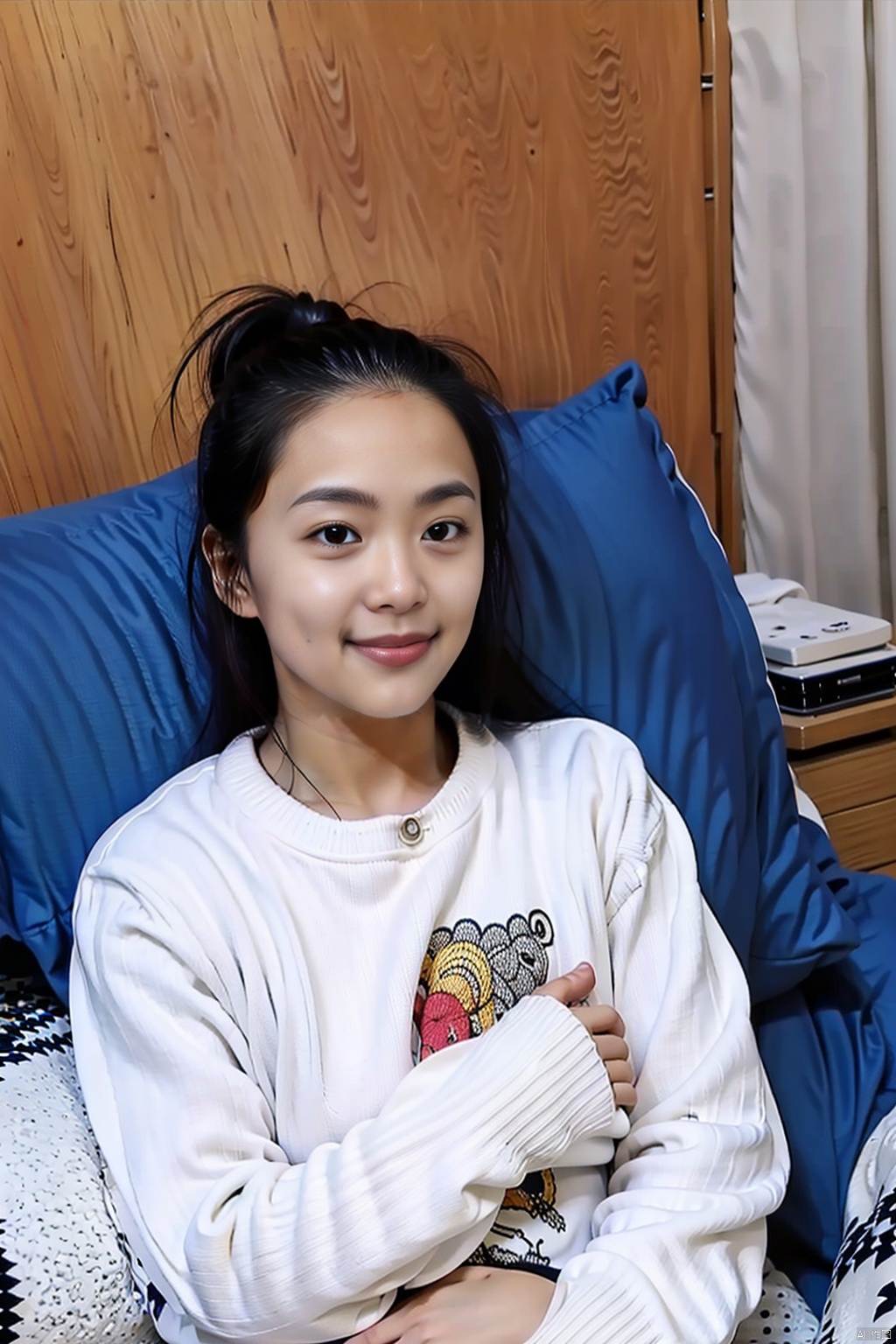 1girl, solo, long hair, looking at viewer, smile, shirt, black hair, long sleeves, sitting, sweater, lips, pillow, realistic, white sweater
, no makeup