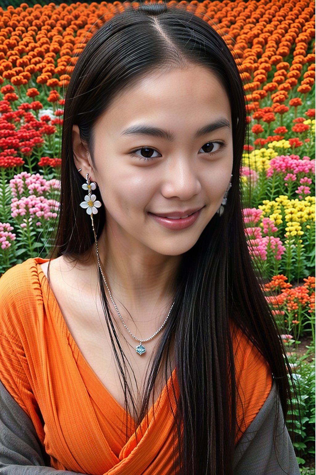 1girl, solo, long hair, smile, black hair, jewelry, flower, earrings, necklace, realistic,

, no makeup