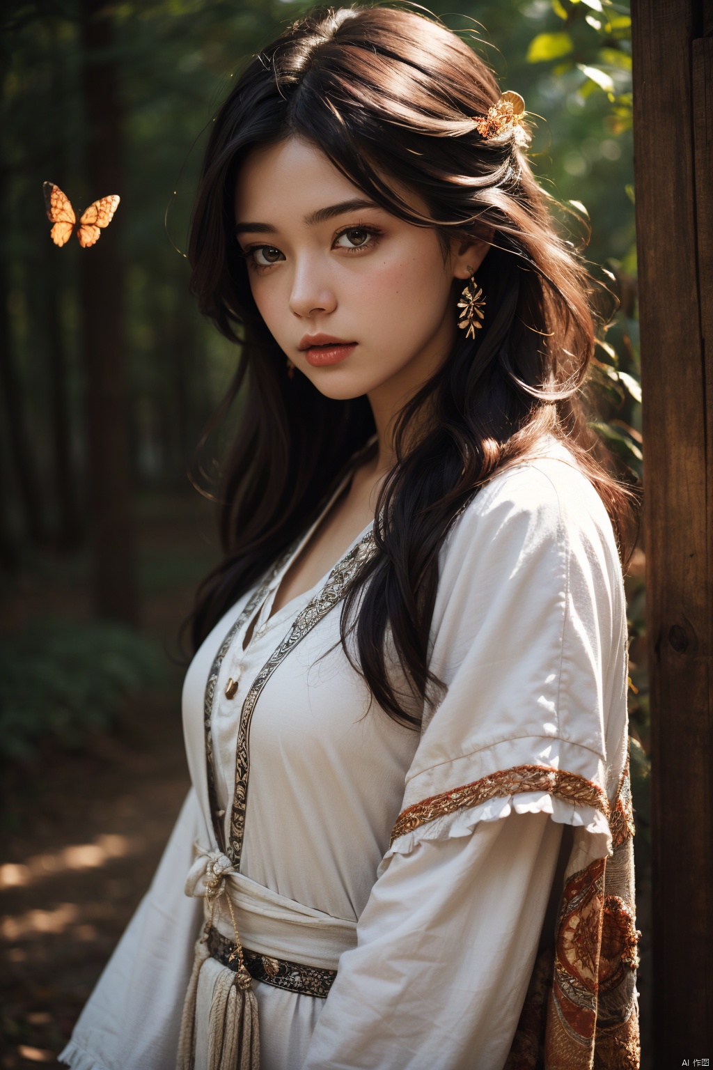  masterpiece, best quality,ultra-detailed,ultra high res, by cgart_firefly, 1girl\(portrait, bohemian style, flowing dresses, layered clothing, earthy colors, fringe accessories, ethnic prints, natural fabrics\), (butterfly),BREAK,artistic designs, cinematic