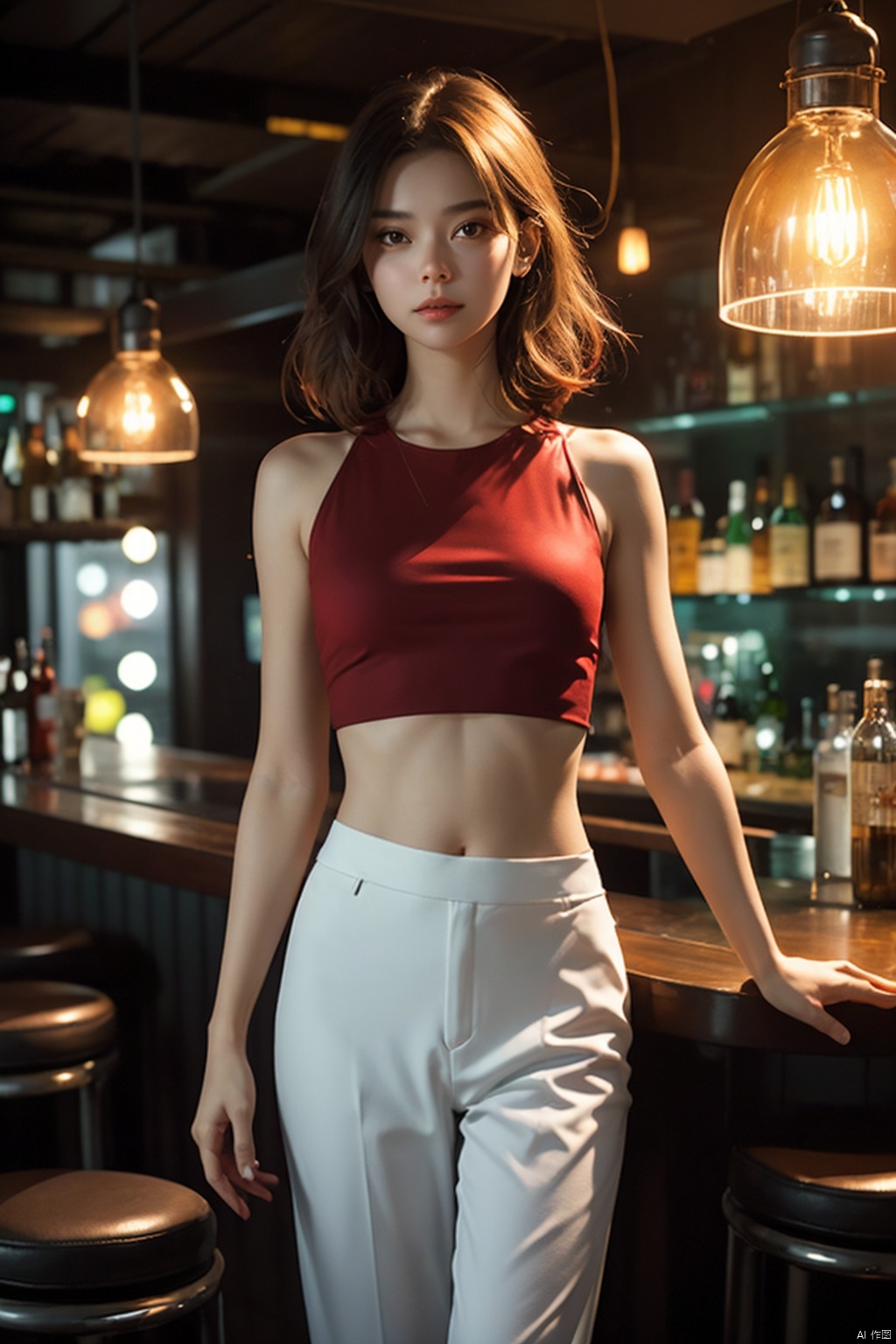  1girl,full_body,highly realistic,glassy translucence,blink-and-you-miss-it detail,Sci-fi light effects,OVERHEAD SPOTLIGHT BEAM,trousers,National wind current,jewelry,bar,glass bottle,(((red top))),