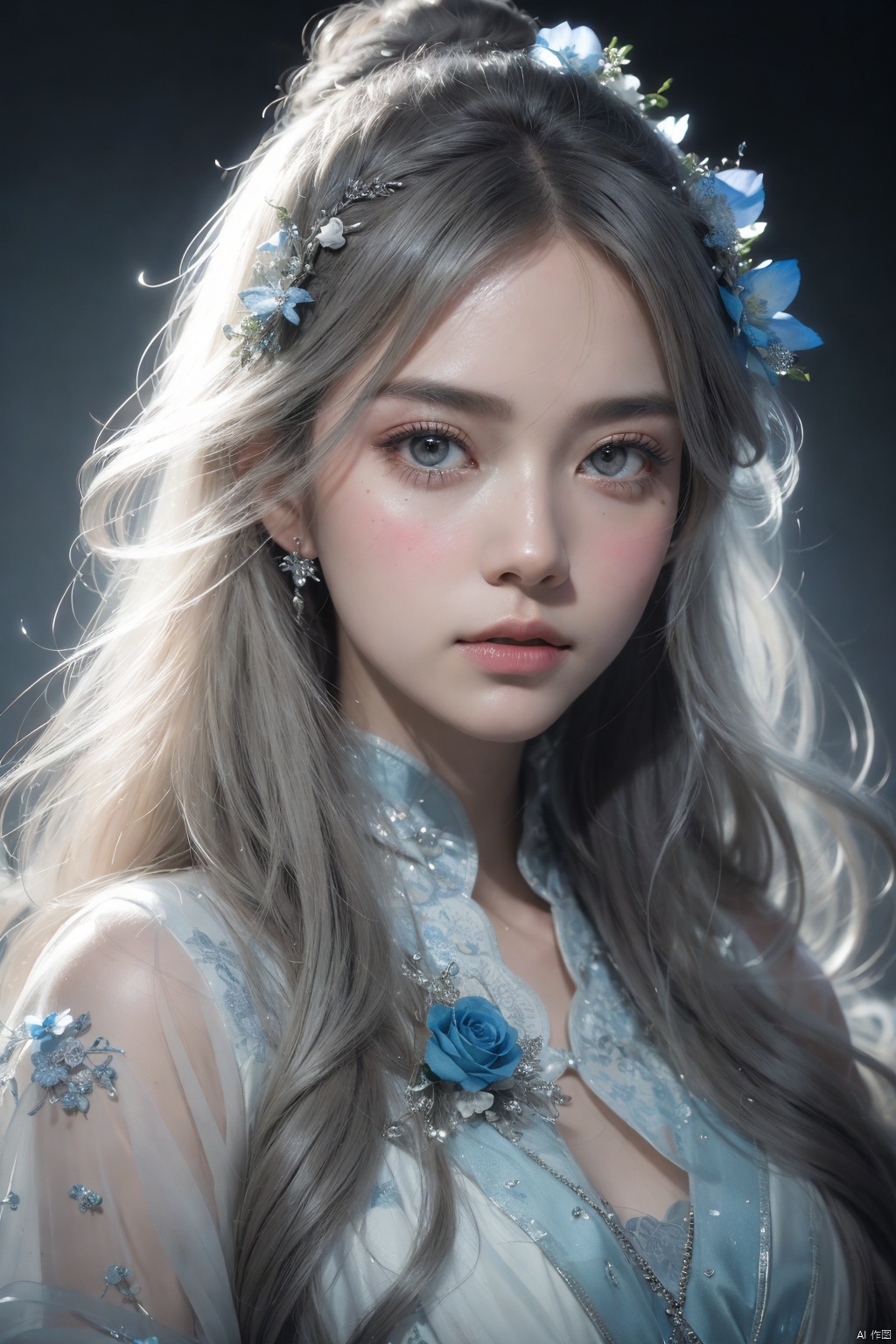  close-up,portrait,Line art,splatter,minimalist elegance,beautiful blue enchantress rose fairy,Tang Dynasty royal face ancient style beauty,high-definition fashion photography,high-end,ambiguous atmosphere,a woman with blue flowers on her face,in the style of anime art,luminous and dreamlike scenes,yanjun cheng,made of crystals,light white and silver,john pitre,cute and dreamy,in the style of chinapunk,romantic scenery,animated gifs,photo-realistic hyperbole,dark white and dark beige,heistcore,strip painting,Bright background,detailed depiction,Delicate face and costume details,lifelike appearance HD 16K,cinematic lighting,chiaroscuro,Arbitrary view,Medium Shot,hyperrealism,Hollywoodtyle,photography,HD Details,Detail Expression,Rich Details,