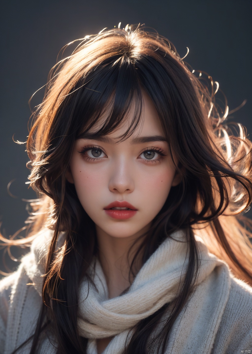  1girl, blue eyes, black hair, realistic, scarf, looking at viewer, twintails, solo, lips, long hair, portrait, nose, closed mouth, solo focus, finger to mouth, simple background, traditional media, pov, purple scarf, close-up, mole, blue background, bangs, signature, upper body, parted lips, out of frame, red lips, hair between eyes, pov hands, open mouth, blush, makeup, brown hair, grey background, eye focus, lipstick, realistic details, surrealistic, sense of reality, intense contrast of light and shadow
