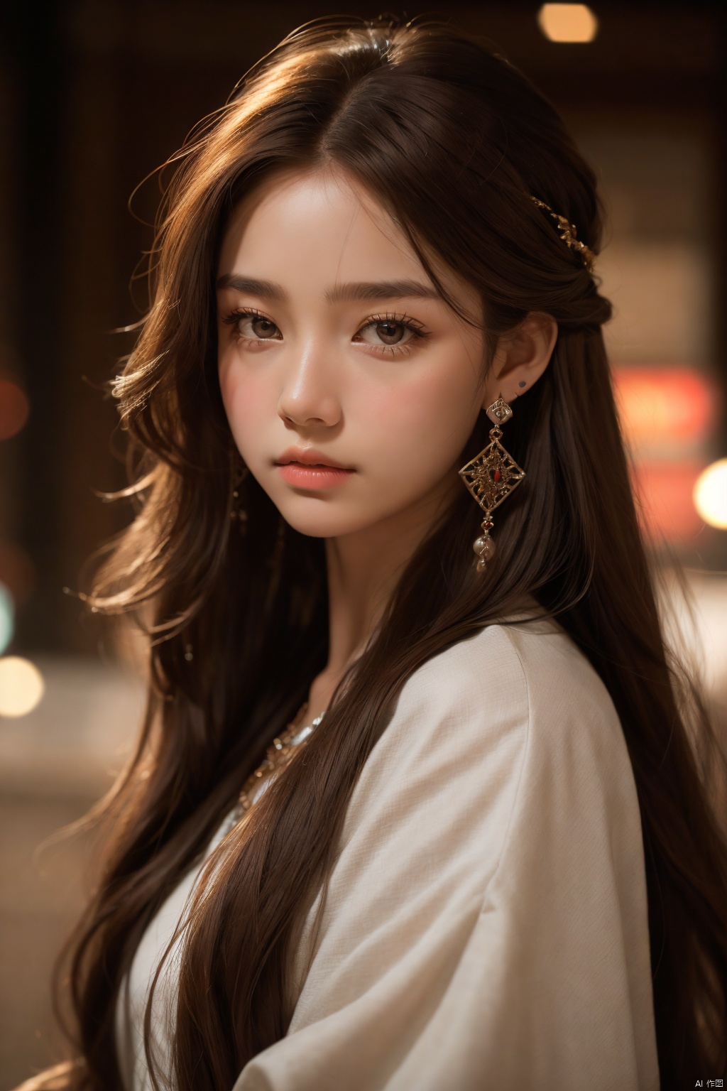  sdmai, fanhua, 1girl, solo, long hair, jewelry, earrings, looking at viewer, blurry, lips, realistic, brown hair, hoop earrings, depth of field, brown eyes
