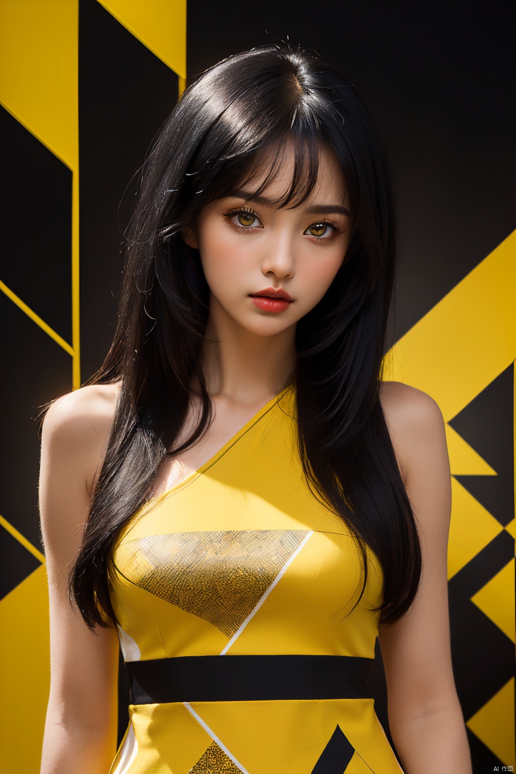  (masterpiece, top quality, best quality, ((standing in centre)), ((1girl, black hair)), ((upper body, symmetrical composition)), ((wear yellow abstract patterns dress bold lines, geometric shapes)), (pure yellow abstract patterns background), ((studio light)) ((studio portrait)), emotional face, face front, extreme detailed