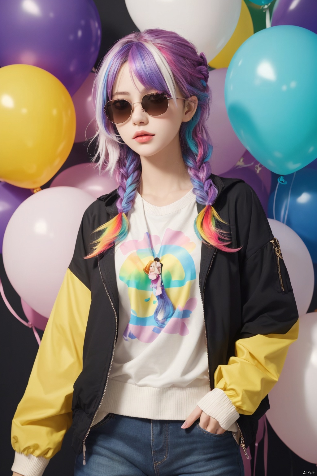  masterpiece,best quality,
1 girl,pretty and cute,(rainbow color Highlight Hair,colorful hair:1.4),wearing blue and purple sunglasses,yellow jacket with white pattern,white sweater,many colored balloons,doll face,ponytail braid,perfect detail eyes,delicate face,perfect cg,HD quality,colored balloons,sky,black boots,