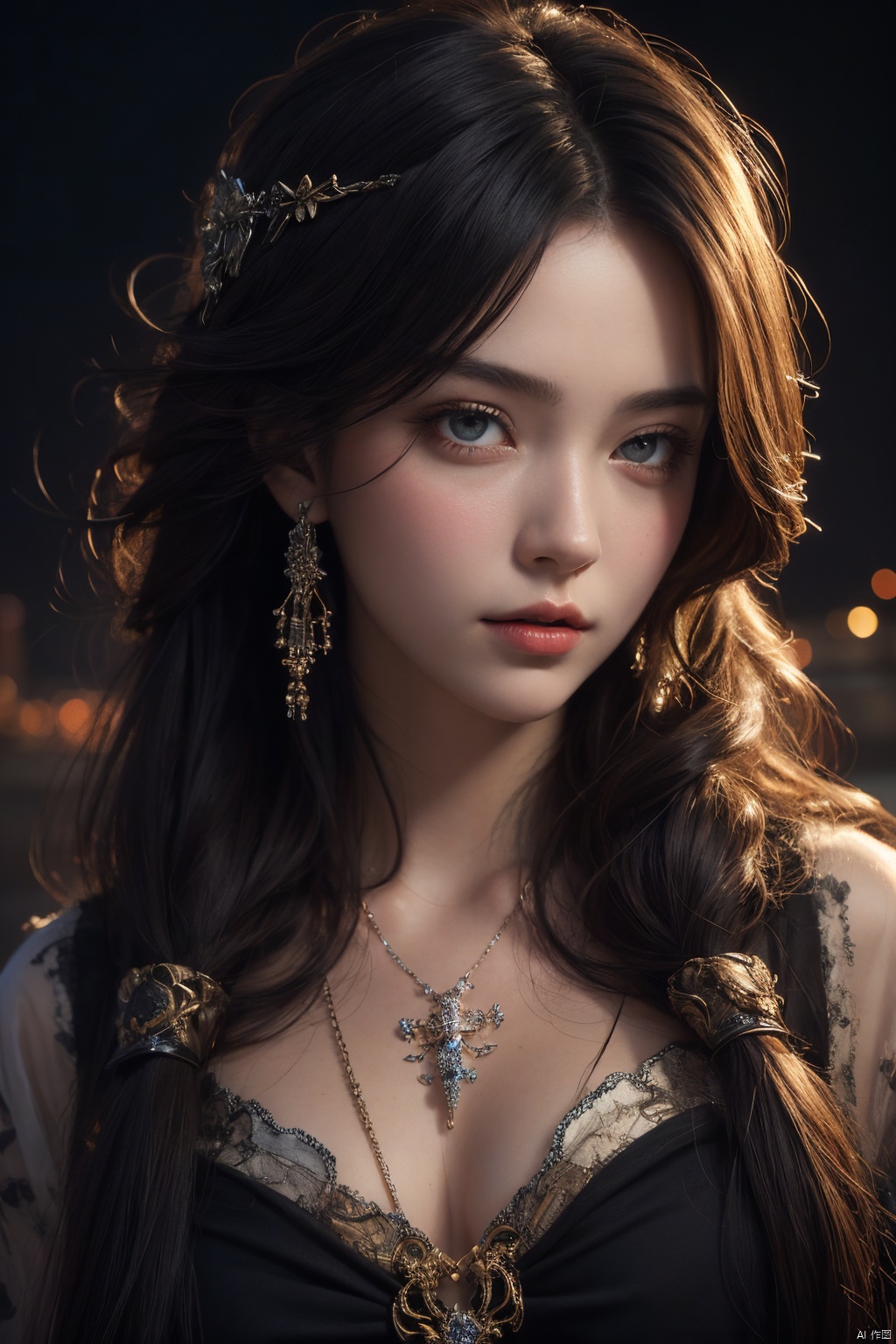  official art,beautiful and aesthetic,1girl,long hair,beautiful face,detailed eyes,colorful,jewelry,night,(realistic:1.5),extreme detailed,(fractal art:1.3),witch,
