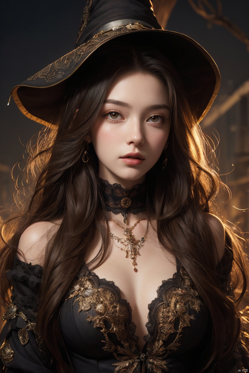  official art,beautiful and aesthetic,1girl,long hair,beautiful face,detailed eyes,colorful,jewelry,night,(realistic:1.5),extreme detailed,(fractal art:1.3),witch,