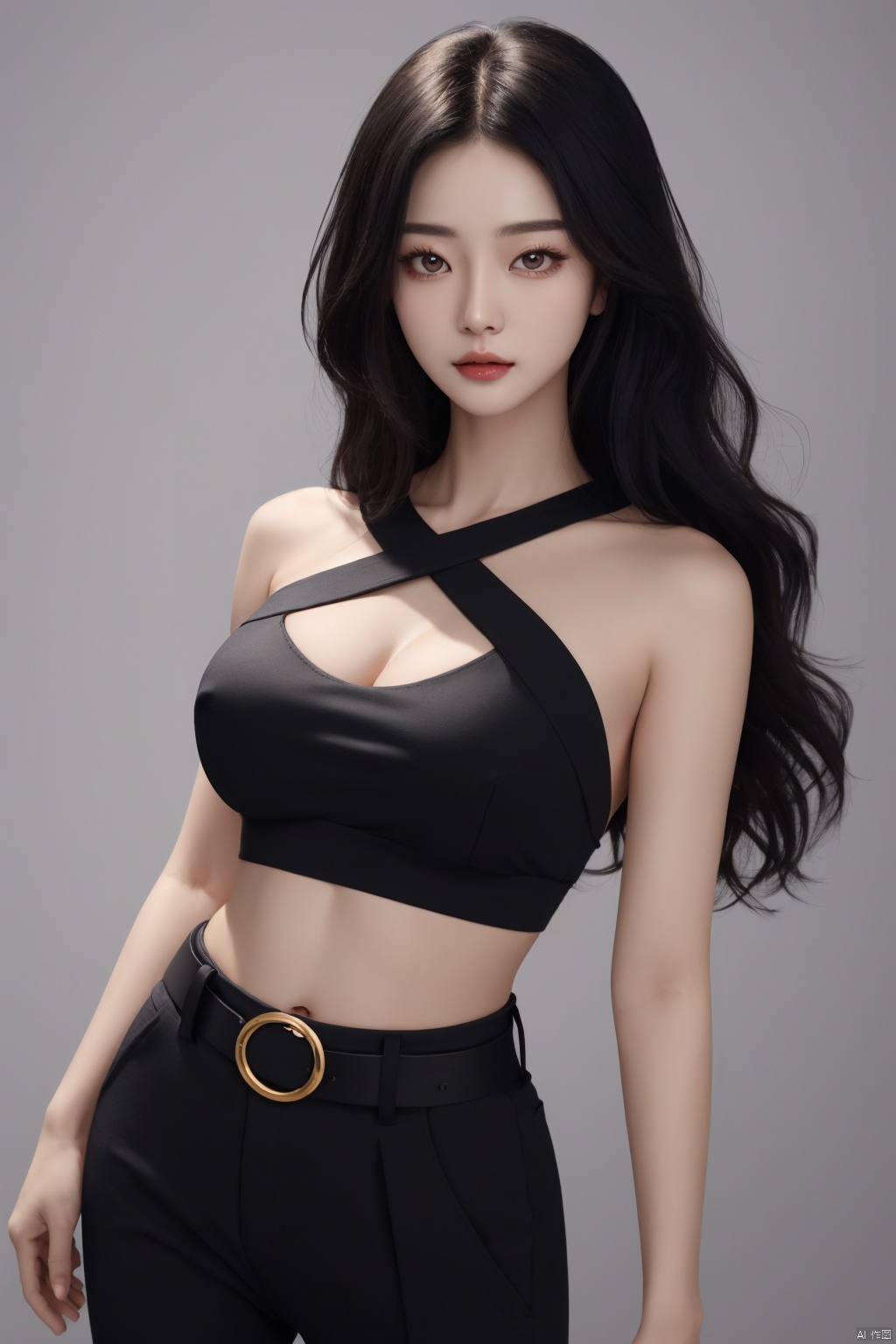 araffed woman in black top and black pants posing for a picture,  jiyun chae,  wavy long - length black hair on Tensor.Art
