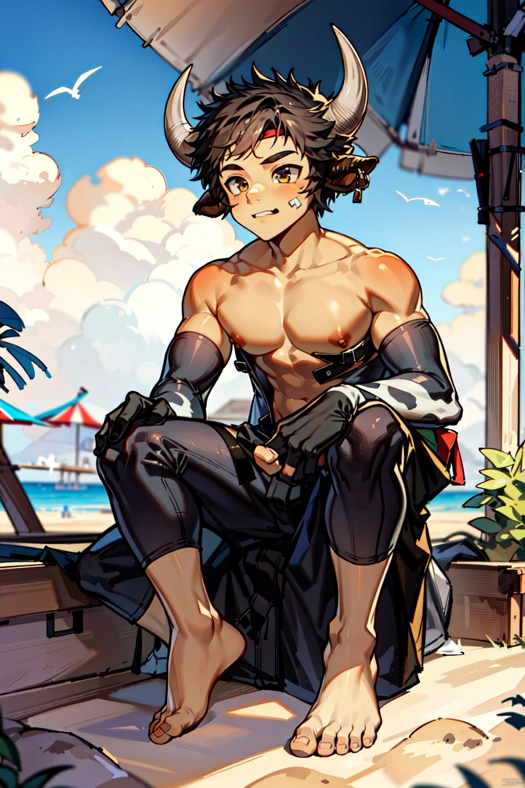 solo, oversized feet, oversized, sitting, big foot, beach, detailed face, shota, skinny, 1boy, cow boy, horns, gigantic_breasts